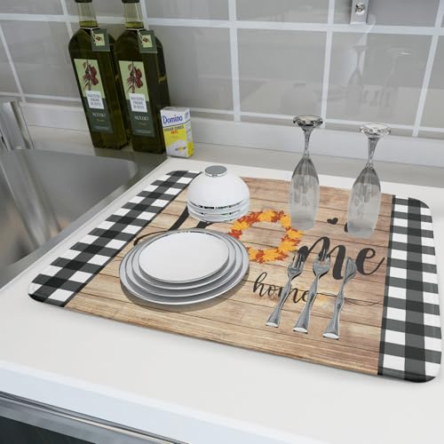 Home Sweet Home Dish Drying Mat 18x24 Inch Fall Autumn Maple Leaf Wreath Dish Drainer Mats Rustic Brown Wood Board Microfiber Dish Drying Rack Pad for Kitchen Countertop Farmhouse Decor