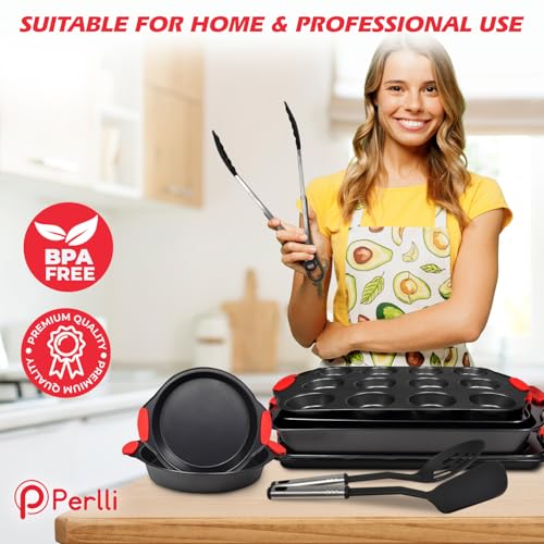 Non-Stick 17-Piece Baking Pan Set, BPA-Free Carbon Steel Bakeware Set with Silicone Handles, Stackable Kitchen Oven Set, Cookie Sheet, Baking Tray, Baking Sheet Set, Utensils, Oven Safe (446°F)
