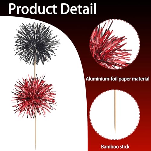 40 PCS Foil Firework Cupcake Toppers Sparkle Tinsel Cupcake Picks Fireworks Birthday Party Decorations Cocktail Fruit Toothpick for Birthday Wedding Graduation Party Decorations Supplies Black Red (40 Count)