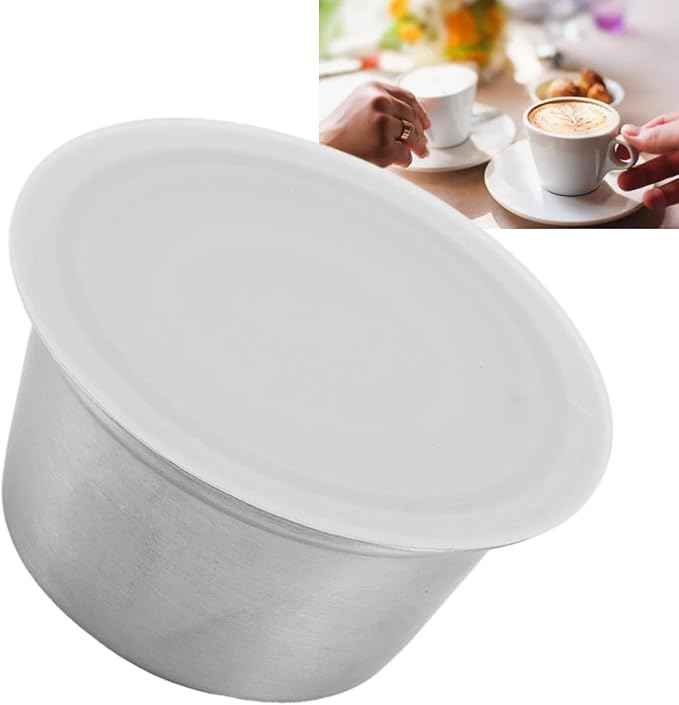 Refillable Coffee Capsule, Stainless Steel Reusable Coffee Pod, High Temperature with Food Grade Silicone Lid for Machines, Includes Scoop and Brush (White)