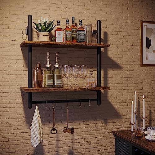 24" 2 Tier Industrial Pipe Wall Shelf with 8 Hooks