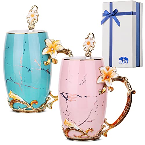 BTaT Floral Ceramic Mugs with Spoon (2 Count)