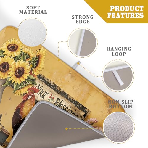 Farmhouse Rooster Dish Drying Mat Vintage Chicken Sunflowers Dish Drainer Mats 18"x24" Rustic Primitive Microfiber Reversible Dish Drying Rack Pad Protector for Kitchen Countertop Decor