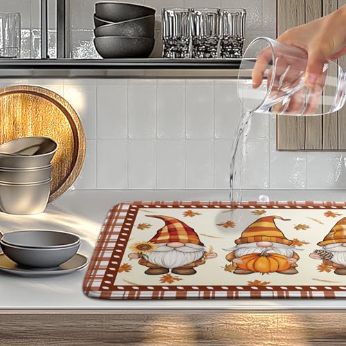Fall Pumpkin Gnomes Dish Drying Mat Maple Leaves Autumn Large Kitchen Mats Dish Drying Pad Absorbent Dish Dryer Mat for Kitchen Countertops Microfiber Drainer Pad Dish Drying Mats