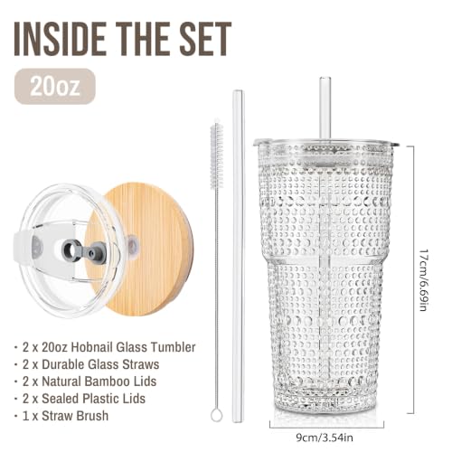 20oz Hobnail Glass Tumbler with Bamboo Lids and Straws