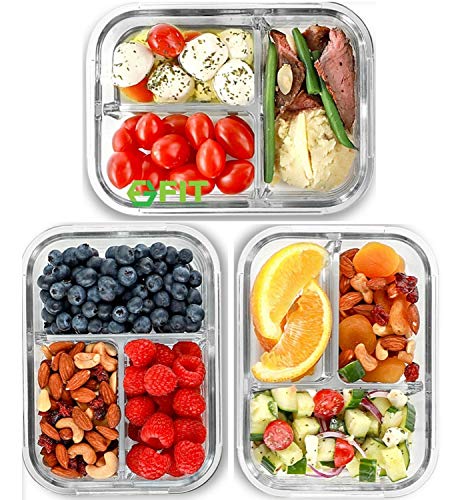 Glass Meal Prep Containers 3 Compartment (3 Count)