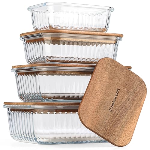 Ribbed Glass 4 Stackable Meal Prep Containers with Acacia Lids