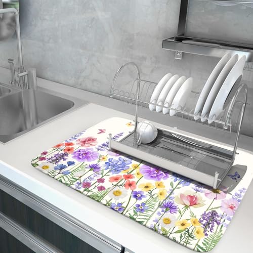 Hummingbird Flower Dish Drying Mat 18x24 inch Watercolor Spring Herb Floral Dish Drainer Mats Wildflower Plant Reversible Microfiber Dish Drying Pad for Kitchen Countertop Large Decor