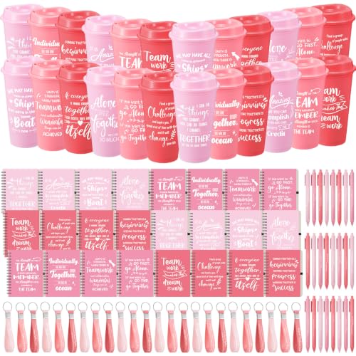 24 Set 96 Pcs Team Appreciation Gift Set Inspirational Employee Appreciation Gift Bulk 16 oz Coffee Cups with Team Notebook Pen Keychains for Staff Teacher (24 Count)