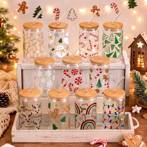 12 Sets Christmas Glass Cups Gifts 16 oz Cute Xmas Tree Gingerbread Cups Snowman Tumbler Winter Candy Canes Iced Coffee Cup with Lids and Straw for Women Coworkers Birthday Party Favors (12 Count)