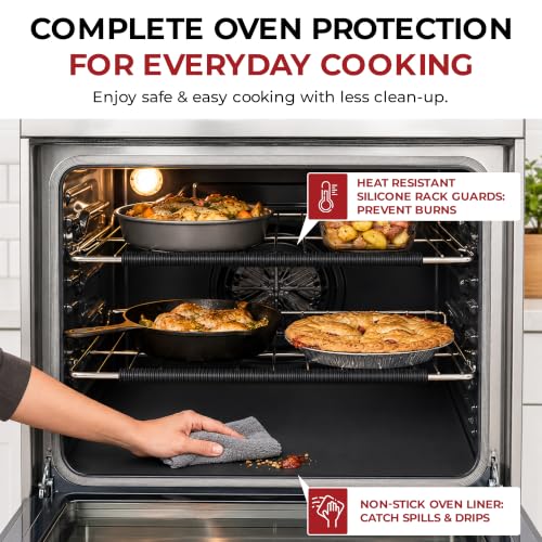Oven Liners for Bottom of Oven 17"x 25" and Silicone Rack Guards Black 22" (4 Count)