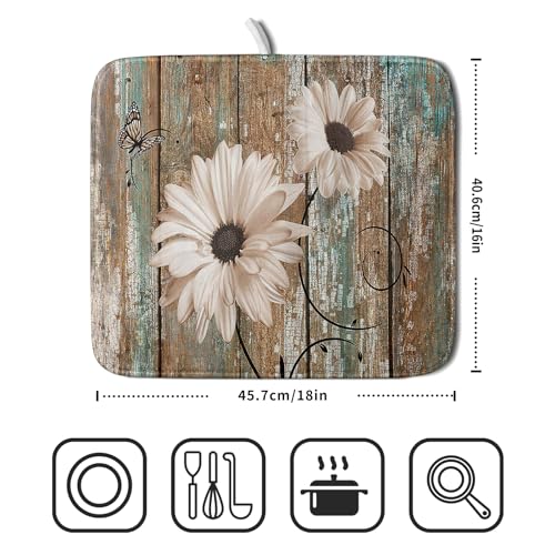 Rustic Daisy Board Dish Drying Mat for Kitchen Countertop 16x18 inch Fall Sunflower on Wooden Plank Dish Drainer Mats Fast Drying Country Shabby Chic Vintage Kitchen Drying Decor