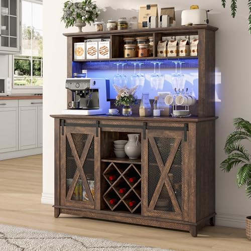47"Wide 56"H Farmhouse Coffee Bar Cabinet with Power Outlet and LED Light
