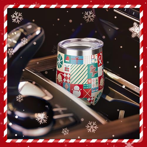 Christmas Wine Tumbler 12 oz Christmas Stainless Steel Wine Glass with Lid and Straw Stemless Double Wall Insulated Wine Cups Keeping Cold & Hot for Holiday Xmas Wedding Party Gifts
