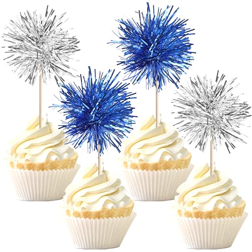40 PCS Foil Firework Cupcake Toppers Sparkle Tinsel Cupcake Picks Fireworks Birthday Party Decorations Cocktail Fruit Toothpick for Birthday Wedding Graduation Party Decorations Supplies Silver Blue (40 Count)