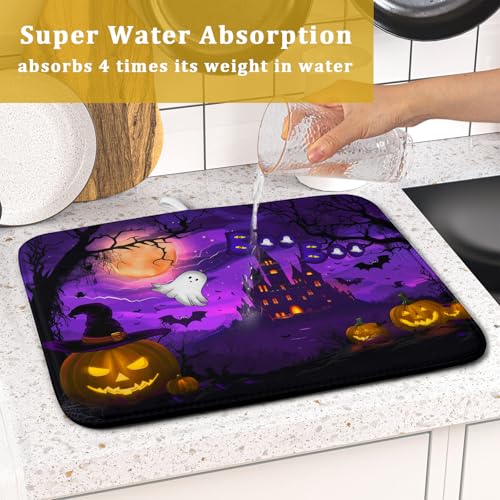 Halloween Scary Night Pumpkin Lanterns Dish Drying Mat for Kitchen Counter