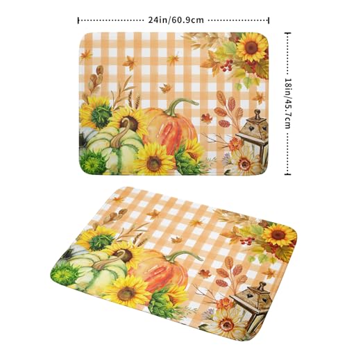 Autumn Maple Leaf Orange White Check Plaids Dish Drying Mat for Kitchen Counter
