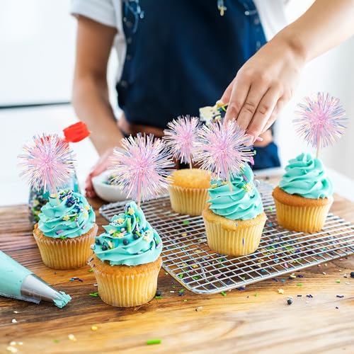 30Pcs Foil Firework Cupcake Toppers Happy Birthday Cake Toppers Tinsel Flower Drink Stirrers Cocktail Food Fruit Toothpicks for Valentine's Day Party Decorations Pink (30 Count)
