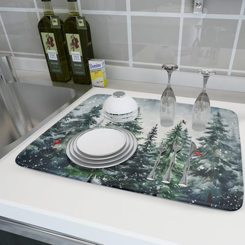 Winter Dish Drying Mat for Kitchen Counter Winter Pine Tree Dish Drying Mat 18x24 Inch Red Bird Christmas Dish Draining Mat Absorbent Reversible Dish Pad Kitchen Accessories Table Protector