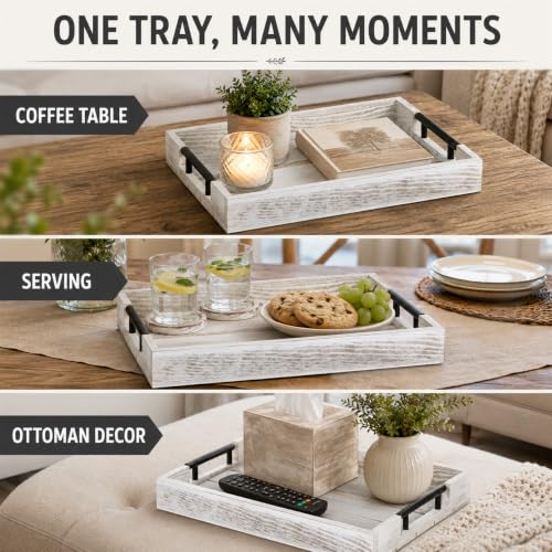Whitewashed Wooden Serving Tray with Black Metal Handles and 4 Coasters