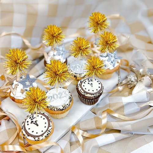 30Pcs Foil Firework Cupcake Toppers Sparkle Tinsel Cake Toppers Tinsel Drink Cake Decoration Cocktail Picks for Birthday Wedding Graduation Party Supplies Dark Gold (30 Count)