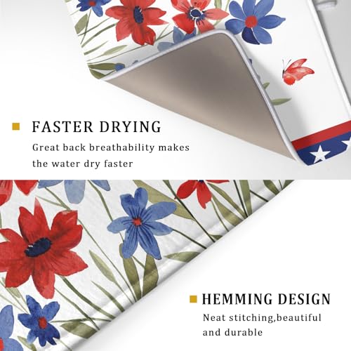 4th of July Flower Dish Drying Mat 18"x24" Independence Day Stars Dish Drainer Mats Watercolor Patriotic Floral Microfiber Dish Drying Rack Pad for Kitchen Countertop Large Decor