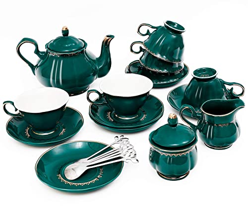 Tea Set 22 Piece Porcelain Ceramic Coffee Tea Sets Cups Saucer Service for 6 Teapot Sugar Bowl Creamer Pitcher and Teaspoons Porcelain Tea Set (22 Count)