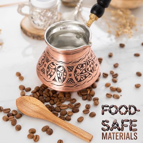 12 Oz Copper Turkish Greek Arabic Coffee Pot with Wooden Handle