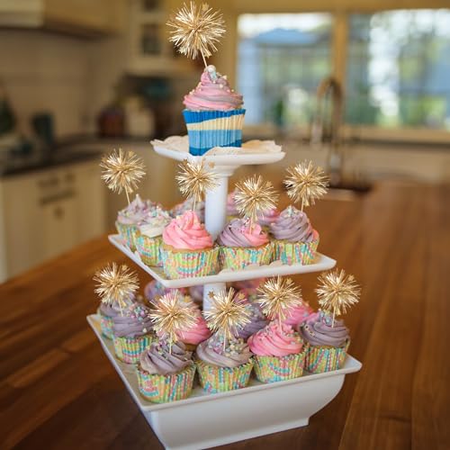 30Pcs Foil Firework Cupcake Toppers Happy Birthday Cake Toppers Sparkle Tinsel Flower Drink Stirrers Cocktail Food Fruit Toothpicks for Valentine's Day Party Supplies Gold (20 Count)