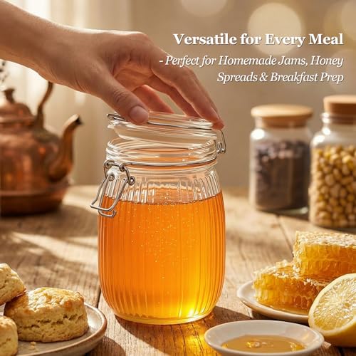 Ribbed Glass Storage Jars Airtight Lids 34oz 3 Pack Pantry Flour (3 Count)