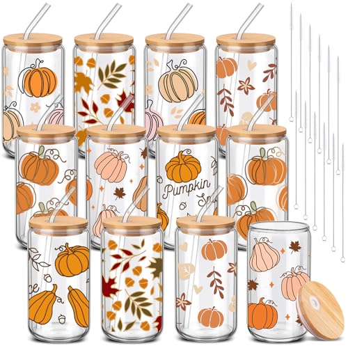 12 Pcs Fall Glass Cups with Lids and Straws 16 oz Autumn Pumpkin Leaves Coffee Tumblers Cozy Fall Drinking Cups Aesthetic Thanksgiving Gifts Bulk for Women Her Adults Party Favors (12 Count)