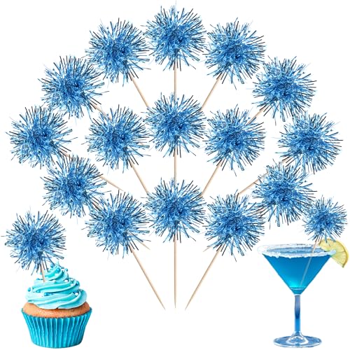 40 PCS Foil Firework Cupcake Toppers Light Blue Sparkler Cupcake Picks Sparkle Tinsel Fireworks Decorations Cocktail Fruit Toothpick for Firework Theme Birthday Wedding Graduation Party Decor Supplies (40 Count)