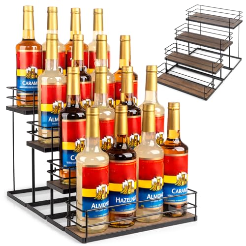 16 Bottle Capacity Coffee Syrup Organizer 4 Tier Coffee Syrup Stand Shelf for Coffee Bar Kitchen Small Wine Rack for Bar Family Storage for Syrup Wine Dressing (13.6 inch(es))