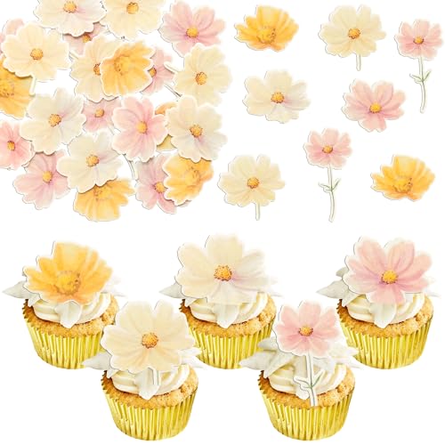 50Pcs Edible Flower Cupcake Toppers Wafer Paper Spring Bridal Engagement Baby Shower Birthday Party Cupcake Picks Anniversary Party Decorations Supplies Multi (50 Count)