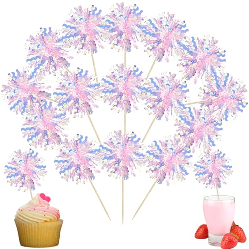 30Pcs Foil Firework Cupcake Toppers Firework Cake Toppers Tinsel Flower Drink Stirrers Cocktail Food Fruit Toothpicks for Valentine's Day Party Decorations Pink (30 Count)