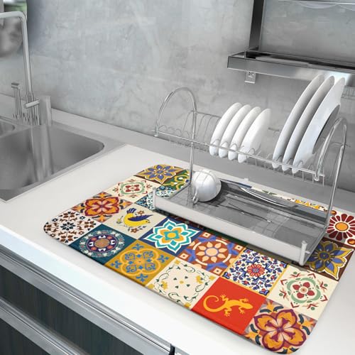 Mexican Tile Dish Drying Mat 18"x24" Talavera Boho Floral Print Dish Drainer Mats Rustic Ethnic Traditional Reversible Large Dish Drying Pad Protector for Kitchen Countertop Decor