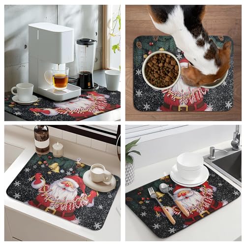 Christmas Santa Claus Dish Drying Mat Winter Drying Dish Mat for Kitchen Countertops Xmas Dish Dryer Mat Microfiber Dishes Drainer Pad Dish Drying Pad