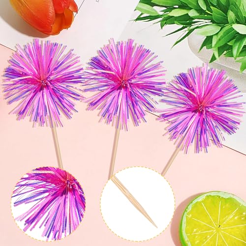 30 PCS Foil Firework Cupcake Toppers Happy Birthday Cupcake Toppers Sparkle Tinsel Flower Drink Stirrers Cocktail Fruit Toothpicks for Valentine's Day Baby Shower Party Cake Decor Supplies Rose Red (30 Count)