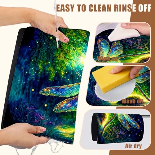 Magic Dragonfly in Forest Coffee Mat Absorbent Dish Drying Mat for Kitchen Counter Hide Stain Rubber Backed Coffee Bar Accessories Fit Under Espresso Machine Cafe Table