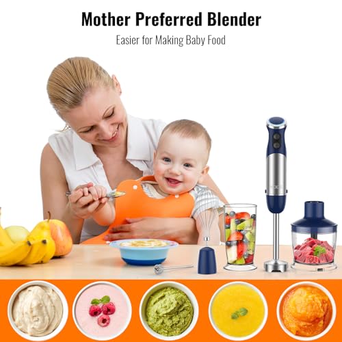 5-in-1 Hand Immersion Blender, 12 Speed Adjustable Emulsifier Handheld Blender, 1000W Copper Motor Stainless Steel Blade Hand Mixer with attachments, Blue