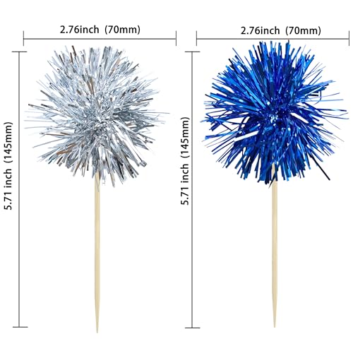 30Pcs Foil Firework Cupcake Toppers Sparkle Tinsel Cake Toppers Tinsel Drink Cake Decoration Cocktail Picks for Birthday Wedding Graduation Party Supplies Silver Dark Blue (30 Count)