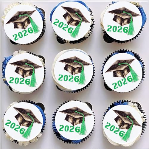 48Pcs Edible 2026 Graduation Theme Cupcake Toppers Wafer Paper Graduation Hat Graduate Cupcake Picks 2026 Students Grad Theme Party Cake Decorations Supplies Green (48 Count)
