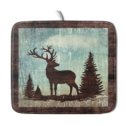 Retro Deer Forest Cabin Silhouette Dish Drying Mat Countertop 16x18 Fall Blue Sky Cloud Cartoon Elk Wild Animal Bushes Drainer Mat Pine Tree Grass Dishes Pad Rustic Dish Drainer Rack
