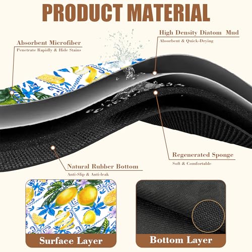 Lemon Fruit and Purple Flower Coffee Mat Absorbent Dish Drying Mat for Kitchen Counter Hide Stain Rubber Backed Coffee Bar Accessories Fit Under Espresso Machine Dish Drainer