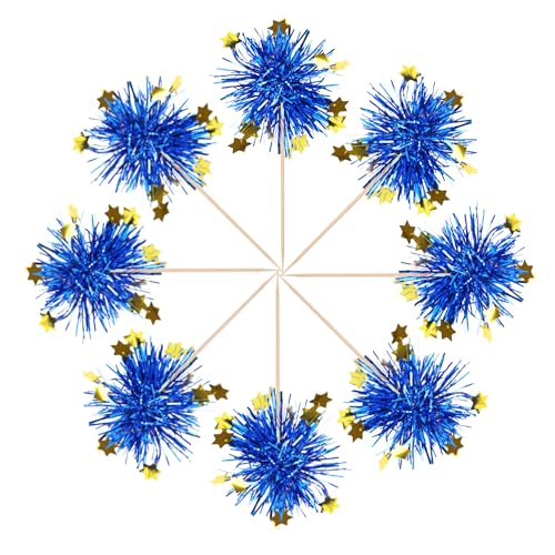 30 PCS Foil Firework Cupcake Toppers Happy Birthday Star Cupcake Picks Sparkle Tinsel Drink Stirrers Cocktail Fruit Toothpicks for Valentine's Day Wedding Birthday Party Decorations Supplies Blue (30 Count)