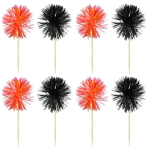 30Pcs Foil Firework Cupcake Toppers Sparkle Tinsel Cake Toppers Tinsel Drink Cake Decoration Cocktail Picks for Birthday Wedding Graduation Party Supplies Black Orange (30 Count)