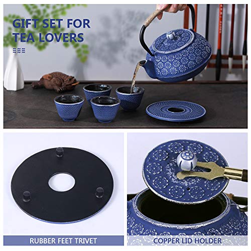 Blue Floral Cast Iron Teapot Set 28 oz Tea Kettle with 4 Cups