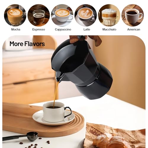 3 Cup Aluminum Moka Pot Classic Stovetop Espresso Coffee Maker 150ml 5oz Coffeemaker Percolator Mocha Pot Greca Coffee Maker Cafe Makers for Italian and Cuban Café Brewing Black
