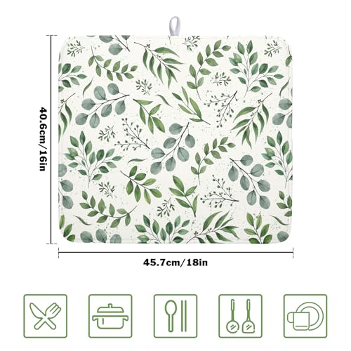 Sage Green Dish Drying Mat 16x18 In Absorbent Reversible Eucalyptus Leaves Plant Drying Mat Green Plant Dish Drying Rack Mat Spring Summer Themed Dish Drainer Mat for Kitchen Counter Coffee Bar