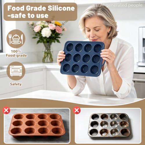 2 Pack Silicone Muffin Pan 12 & 24 with Frame Non Stick Cupcake Baking Tin (2 Count)
